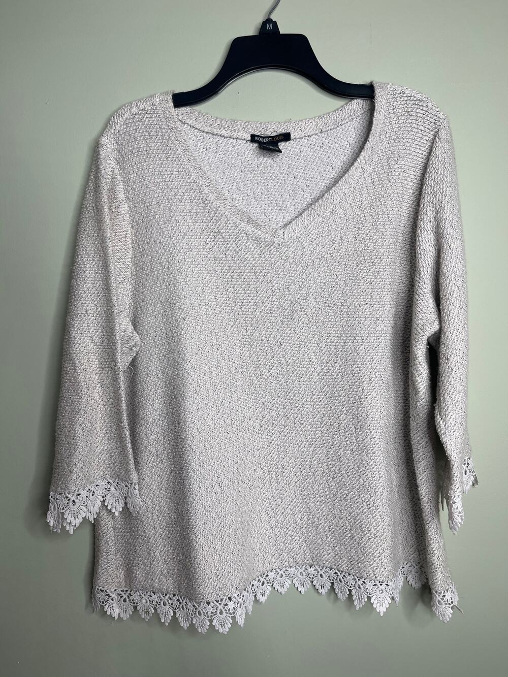 Robert Louis Gray Lace Trim Textured Sweater Blouse XL
